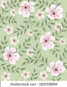 seamless all over vector leaves and flower pattern on green background