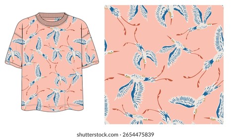 Padrão completo sem emenda com elegantes pássaros guindaste com asas azuis e bicos de coral em um fundo de pêssego macio, projetado para camisetas, vestidos, roupas de resorts e roupas de verão para meninas