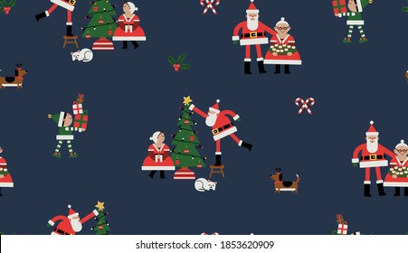 Seamless allover pattern of Santa, Mrs. Santa putting up a tree, baking cookies with dog and cat. Elf bringing gifts and candy canes 