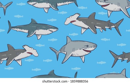 Seamless allover repeat vector pattern print of sharks and small fish in an ocean or aquarium. Great for wallpapers, fabric, scrapbooking, or gift wrap.