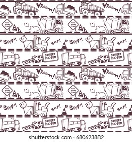 Seamless Allover Truck Print Pattern, Brown Outlines on White Background, Global Colors Saved with Pattern Swatches