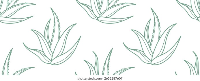 Seamless aloe  leaf pattern in green line art on white background, perfect for organic, botanical, natural skincare, fabric, wallpaper, and eco-friendly decorative designs.