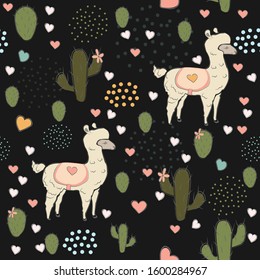 Seamless Alpaca Pattern with cacti, hearts and dots on dark background. Hand Drawn Design. vector Illustration