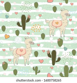 Seamless Alpaca Pattern with cacti, hearts and dots on dark background. Hand Drawn Design. vector Illustration