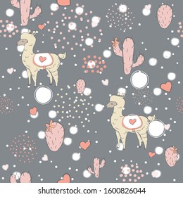 Seamless Alpaca Pattern with cacti, hearts and dots on dark background. Hand Drawn Design. vector Illustration