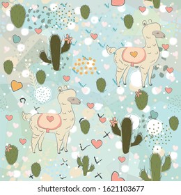 Seamless Alpaca Pattern with cacti, hearts and dots on dark background. Hand Drawn Design. vector Illustration