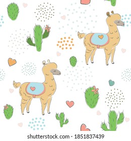 Seamless Alpaca Pattern with cacti, hearts and dots on dark background. Hand Drawn Design. vector Illustration