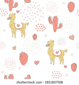 Seamless Alpaca Pattern with cacti, hearts and dots on dark background. Hand Drawn Design. vector Illustration