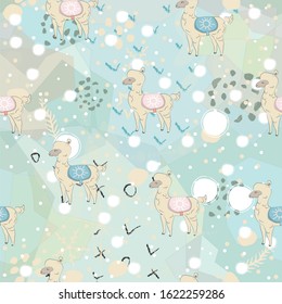 Seamless alpaca pattern, hand drawn Scandinavian cute design. Vector Illustration