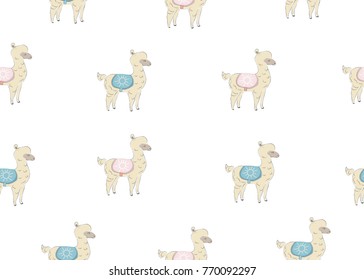 Seamless alpaca pattern, hand drawn Scandinavian cute design. Vector Illustration