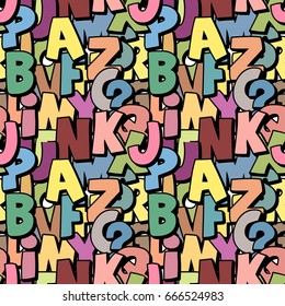 Seamless alphabet pattern made of colorful overlay abc characters, school wallpaper, muted pastel colors