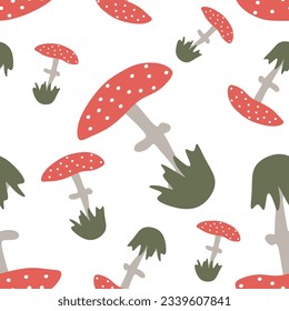 Seamless Amanita cartoon pattern. Vector endless red Mushroom background. Nature, fungus, grass, autumn illustration. Design graphic for fabric, postcard, textile, poster, decoration, wallpaper.