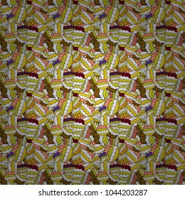 Seamless amazing festive cakes and tasty cupcakes of unusual design. Cute birthday pattern on yellow, white and black. Vector