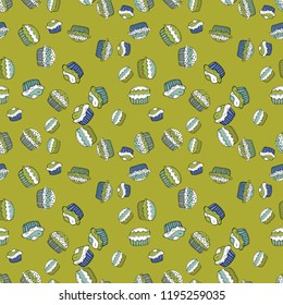 Seamless amazing festive cakes and tasty cupcakes of unusual design. Cute birthday pattern on yellow, white and green. Vector.