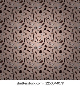 Seamless amazing festive cakes and tasty cupcakes of unusual design. Vector. Cute birthday pattern on neutral, brown and black.