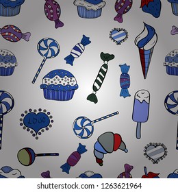 Seamless amazing festive cakes and tasty cupcakes of unusual design. Cute birthday pattern on black, blue and white. Vector.