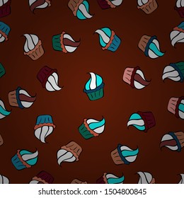 Seamless amazing festive cakes and tasty cupcakes of unusual design. Vector. Cute birthday pattern on red, white and black.