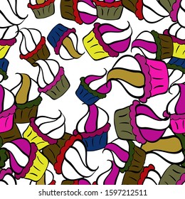 Seamless amazing festive cakes and tasty cupcakes of unusual design. Cute birthday pattern on black, brown and white. Vector.