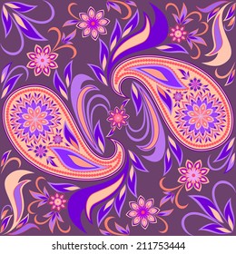 Seamless amazing pattern with paisley and flowers. Bright ethnic print with eastern elements. Indigo colors for design - vector picture.