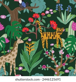 Seamless Amazon forest pattern with trees, flowers, toucans, tigers and giraffes, used for wallpaper. Textiles and Prints