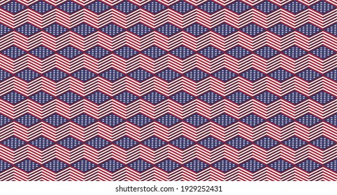 Patrón de fondo geométrico del cubo de Estados Unidos impecable. Patrón de caja de la bandera de Estados Unidos sin foco para el gráfico web, portada de revista, papel de envoltura, fondo, papel pintado, tela, moda, textil y otro diseño.