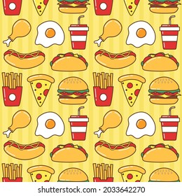 Seamless American Fast Food Pattern Background, Burger, Hotdog, Pizza, Egg, Fries, Vector Icon Illustration