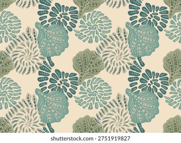 Seamless Ammonite Fossil Pattern, Marine Shells Background in Sage and Navy Blue. Ideal for home decor, high-end wallpaper, luxury packaging, and fabric design