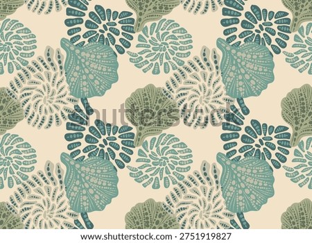 Seamless Ammonite Fossil Pattern, Marine Shells Background in Sage and Navy Blue. Ideal for home decor, high-end wallpaper, luxury packaging, and fabric design