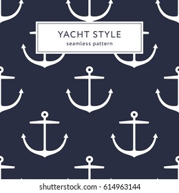 Seamless anchor navy blue pattern with grunge texture. Yacht style design. Template for prints, wrapping paper, fabrics, covers, flyers, banners, posters and placards. Vector illustration.