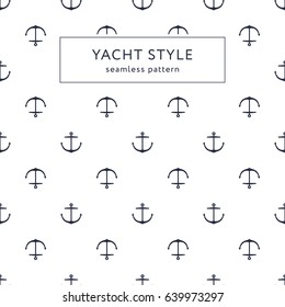 Seamless anchor navy blue pattern. Yacht style design. Template for prints, wrapping paper, fabrics, covers, flyers, banners, posters and placards. Vector illustration.