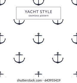 Seamless anchor navy blue pattern. Yacht style design. Template for prints, wrapping paper, fabrics, covers, flyers, banners, posters and placards. Vector illustration.