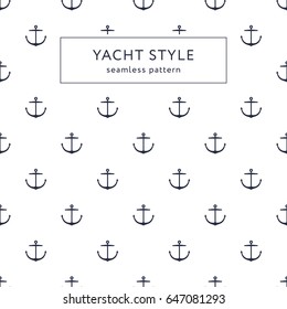 Seamless anchor navy blue pattern. Yacht style design. Template for prints, wrapping paper, fabrics, covers, flyers, banners, posters and placards. Vector illustration.