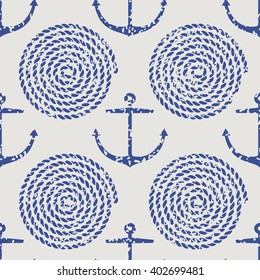 Seamless anchor and rope pattern with grunge texture. Vector illustration.
