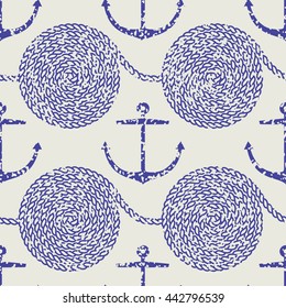 Seamless anchor and rope pattern with grunge texture. Vector illustration