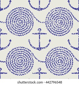 Seamless anchor and rope pattern with grunge texture. Vector illustration
