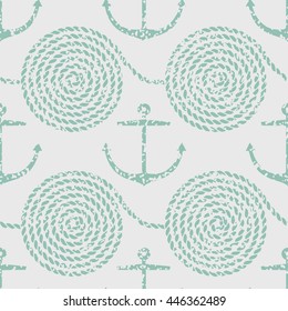 Seamless anchor and rope pattern with grunge texture. Vector illustration