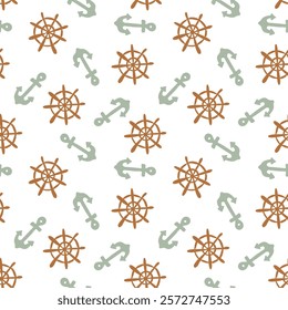 Seamless anchor and ship wheel pattern, ideal for summer vacation themed designs and decor. vector illustration