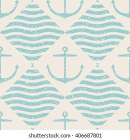 Seamless anchor and wave pattern with grunge texture. Vector illustration. 