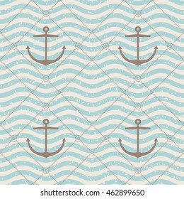 Seamless anchor and wave pattern with grunge texture. Vector illustration.