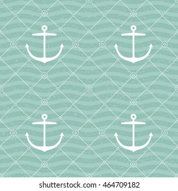 Seamless anchor and wave pattern with grunge texture. Vector illustration.