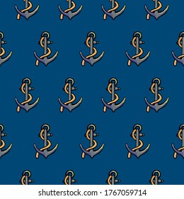 Seamless anchors on a blue background, cartoon style, nautical theme, ocean, sailors, ship, gift paper in a nautical style, wrapper with anchors, seafood, nautical style, blue won, texture for clothes