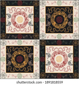 Seamless ancient greek roman pattern with goddess sculpture ornaments and floral motifs for scarf or fabric