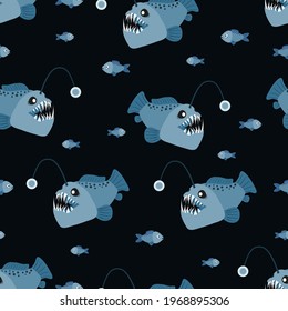 Seamless angler fish pattern. Vector sea background with cartoon anglers.