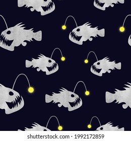 Seamless angler fish pattern. Vector marine animal background with anglers silhouettes.