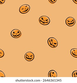 Seamless angry polka dot pattern. Cute stylized Halloween pumpkins, Jack o Lanterns. For wrapping paper, holiday decor, textiles