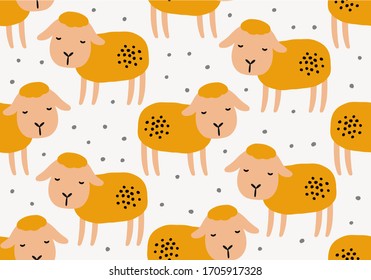 Seamless animal background, vector pattern with sheeps
