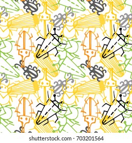 Seamless animal cartoon pattern. Bugs cartoon pattern in thin line style. Background with happy cartoon insects. Animal Colorful hand drawn print. Vector doodle illustration.