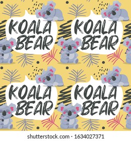 Seamless animal cute vector pattern with Australian Koala Bears, leaves and graphic elements