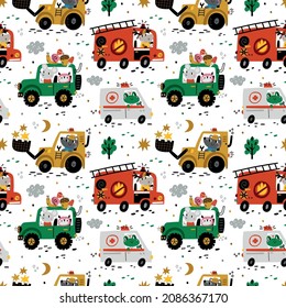 Seamless animal drivers pattern. Cute forest characters in different funny cartoon vehicles. Emergency and all terrain transport. Ambulance car. Truck or worker loader