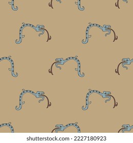 Seamless animal ethnic pattern with fantastic snakes. Ancient Mexican design or Mixtec Indians. Pre Columbian Native American art. Blue serpents on beige background.